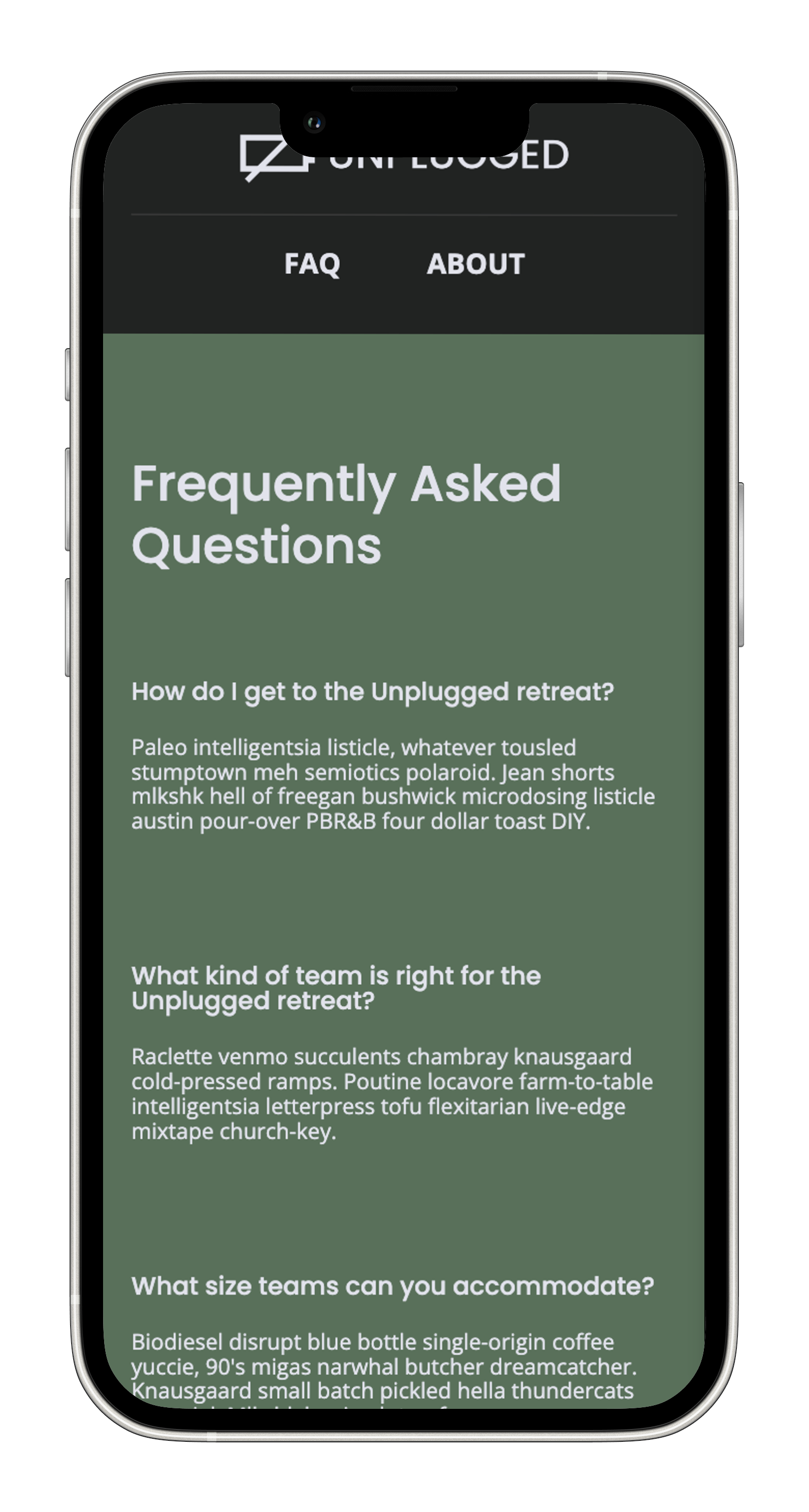 Unplugged FAQ iPhone Mockup